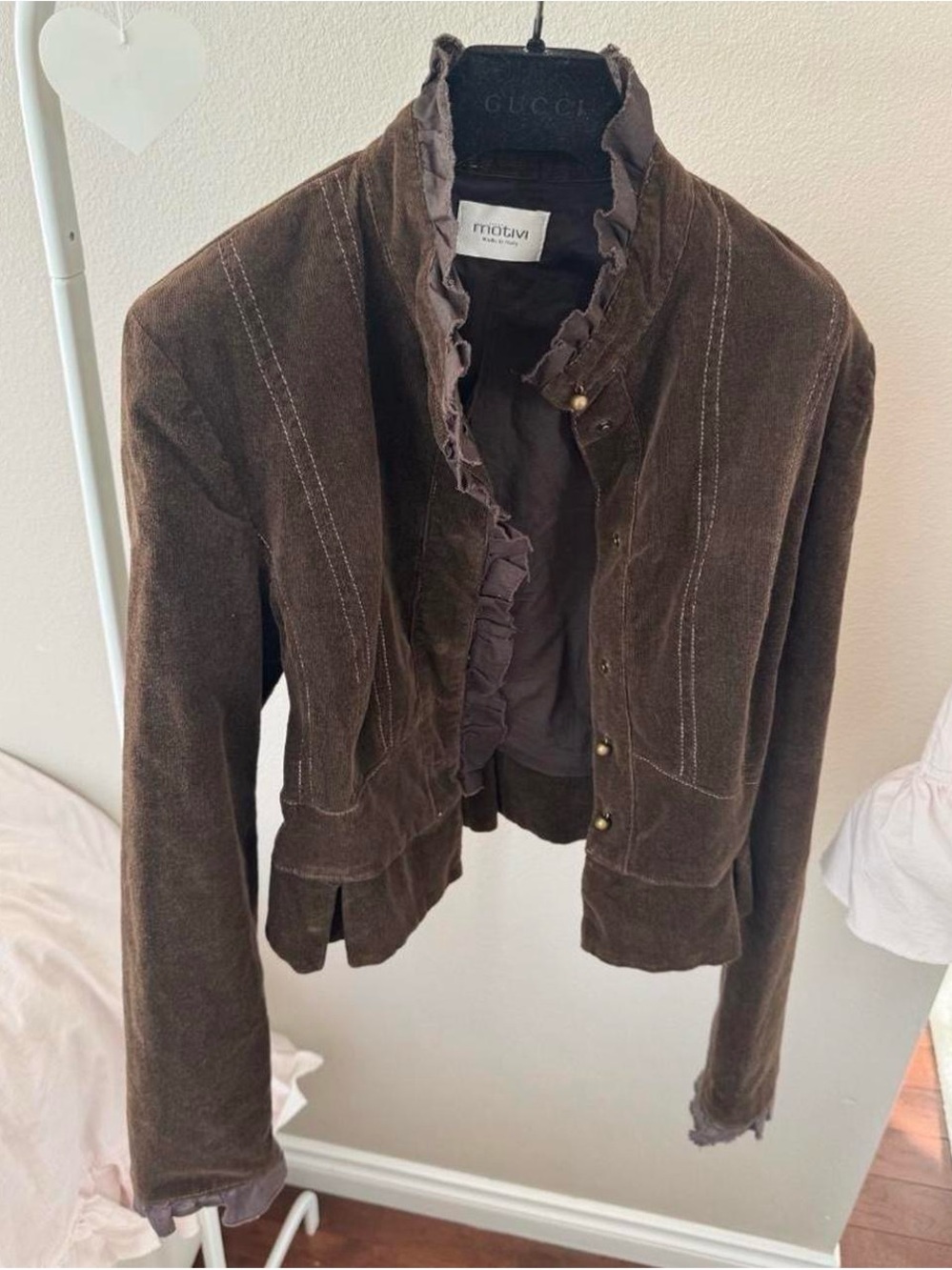 Motivi Chocolate Brown Ruffle-Trim Suede Jacket